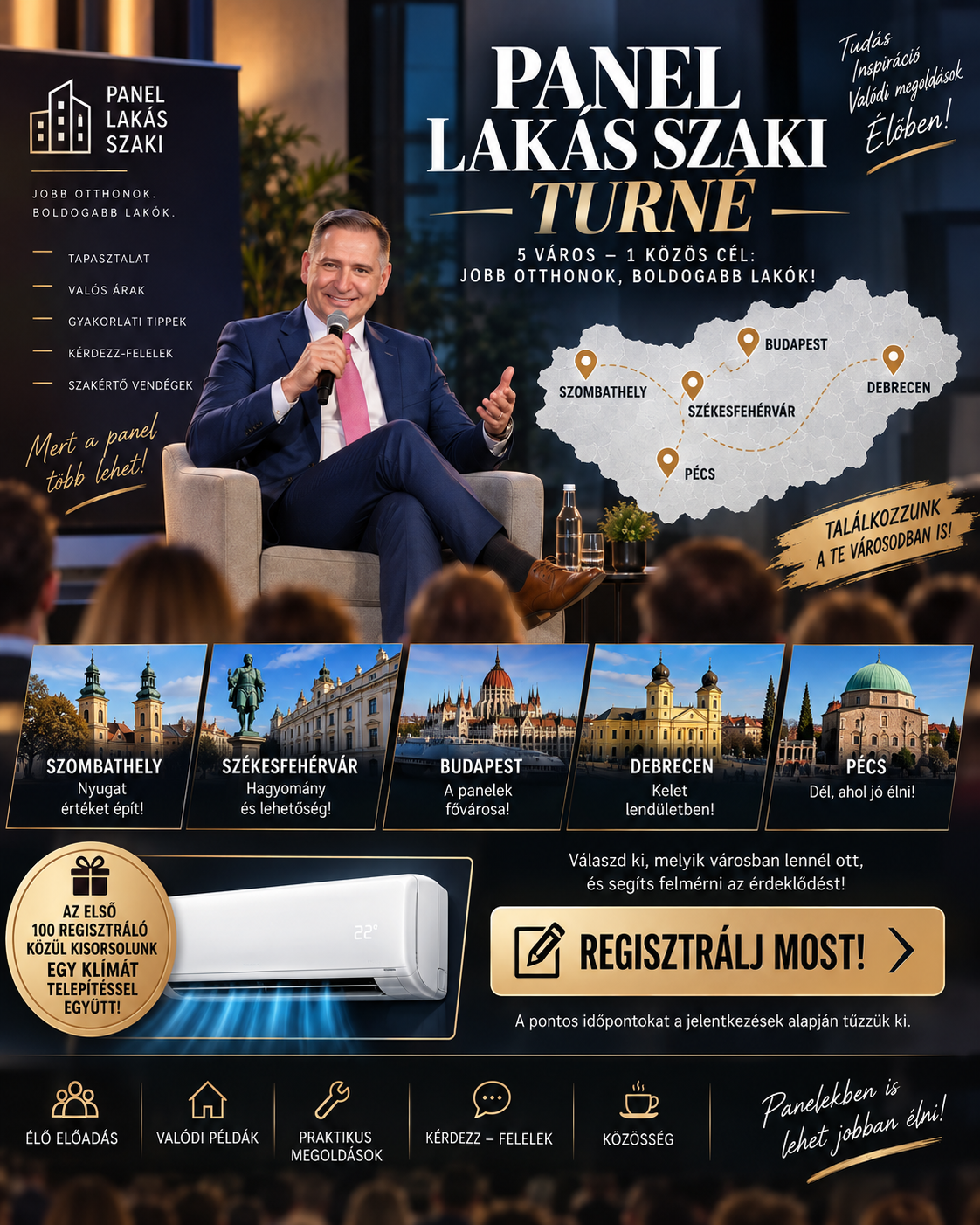 Panel Lakás Szaki Turné 2026 plakát — Budapest, Debrecen, Pécs, Székesfehérvár, Szombathely